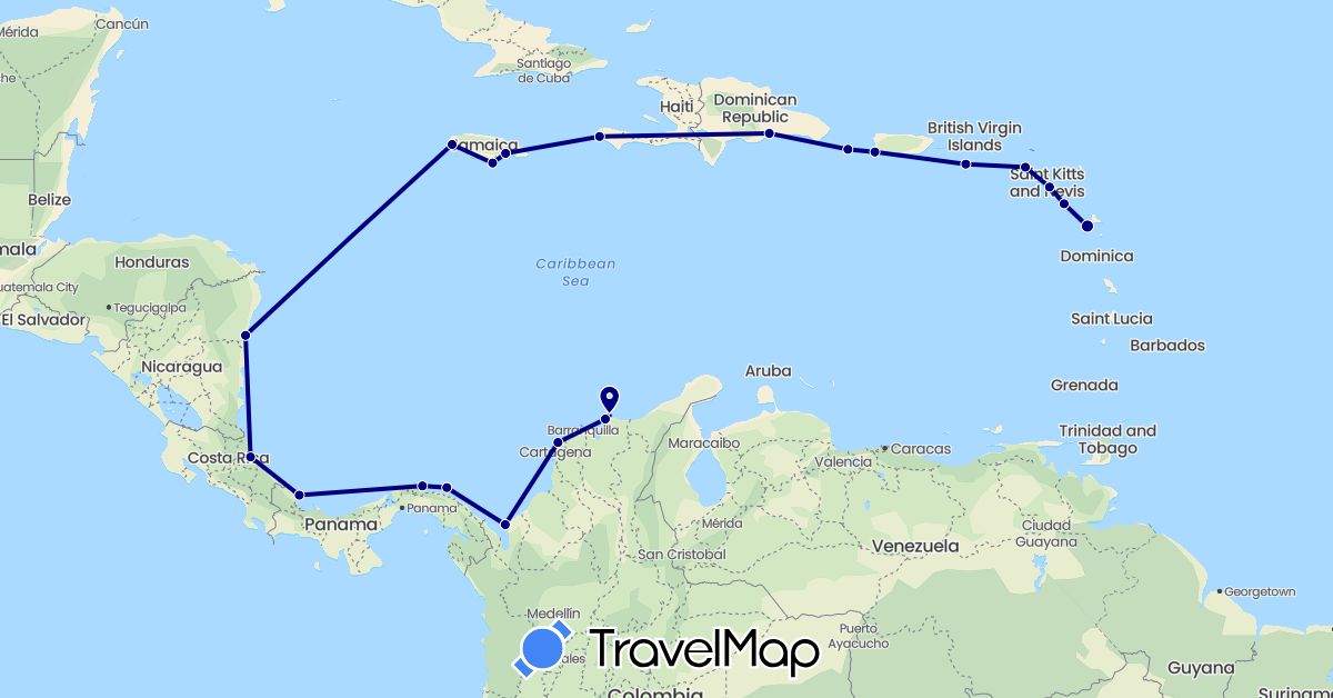 TravelMap itinerary: driving in Colombia, Costa Rica, Dominican Republic, Guadeloupe, Haiti, Jamaica, Saint Kitts and Nevis, Montserrat, Nicaragua, Panama, Puerto Rico, U.S. Virgin Islands (North America, South America)